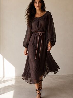 TORY BURCH Ruffle Neck Dress NWT Deep Chocolate Linen Gauze Midi Dress Sz S $498
